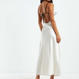 Black Trim Backless Lace-up Sling Maxi Dress White