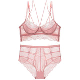 2-Piece French Lace Bra and High Waist Panty Set Pink