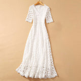 Half Sleeve Hollow Out Embroidery Maxi Dress White