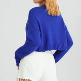 Distressed Cotton Knit Pullover Crop Sweater Blue