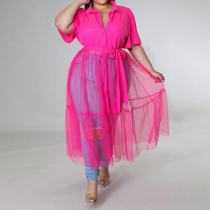 Plus Size Overlay Short Sleeve Blouse Mesh Midi Dress Pink