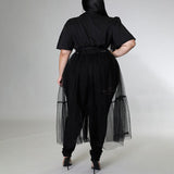 Plus Size Overlay Short Sleeve Blouse Mesh Midi Dress Black