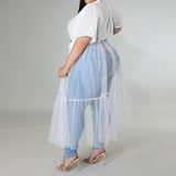 Plus Size Overlay Short Sleeve Blouse Mesh Midi Dress White