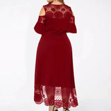 Plus Size Shoulder Cut Out Lace Hem Embroidery Midi Dress Red