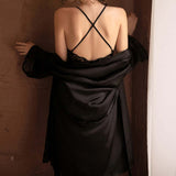 3-Piece Silk Embroidery Lace Sleepwear Set Black