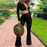 Ribbed Flare Pants Matching Set Black