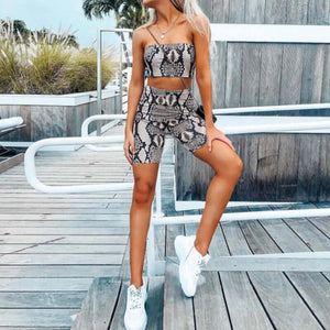 2-Piece Snake Print Matching Shorts Set Gray