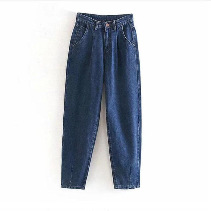 Pleated High Waist Jeans Blue