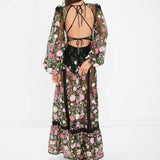 Long Sleeve Maxi Beach Floral Mesh Dress Black