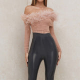 Feather Off Shoulder Long Sleeve Bodysuit Pink