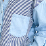 Patchwork Striped Denim Button Up Blouse Top Light Blue