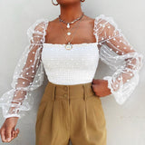 Mesh Sheer Chiffon Long Sleeve Blouse Top White