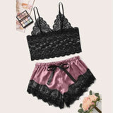 2-Piece Bralette Shorts Sleepwear Set Black Purple