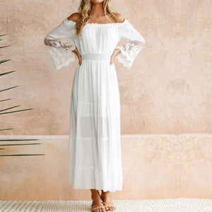 Off Shoulder Flared Long Sleeve Boho Maxi Dress White