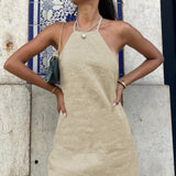 Cotton Linen Backless Mini Halter Dress Khaki