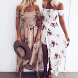 Off Shoulder Side Slit Floral Maxi Dress Beige