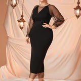 Plus Size Petal Sleeve Sheer Mesh Midi Dress Black