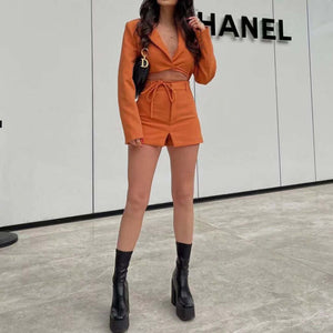 2-Piece Crop Blazer Skort Matching Set Orange