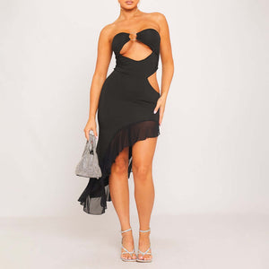 Bandeau Cut Out Frill Detail Asymmetric Midi Dress Black