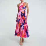 Capri Print Halter Neck Pleated Maxi Dress Pink