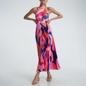 Capri Print Halter Neck Pleated Maxi Dress Pink