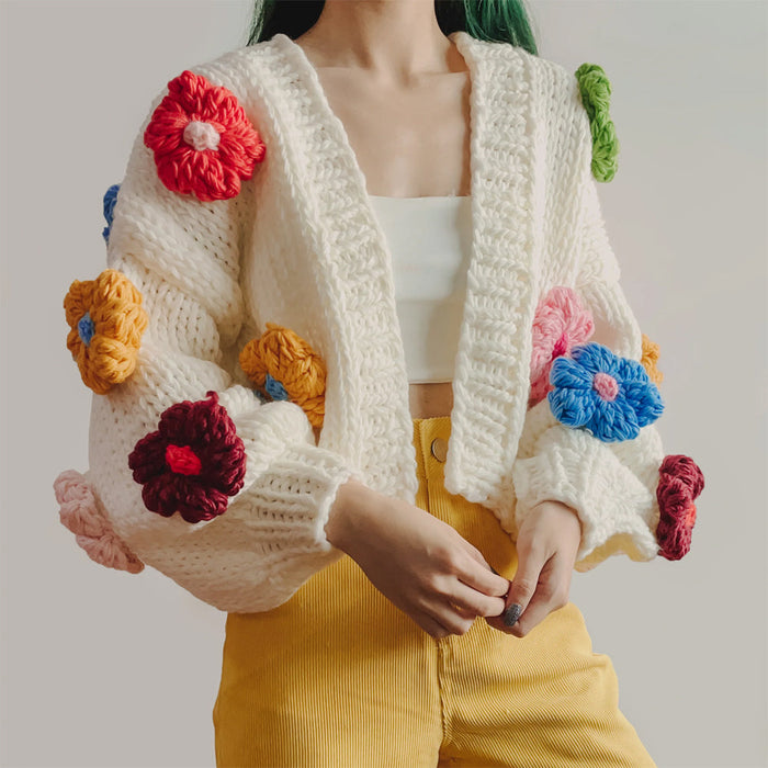 Chunky Daisy Cropped Cardigan White