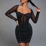 Diamond Corset Bodycon Midi Dress Black