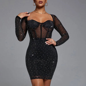 Diamond Corset Bodycon Midi Dress Black