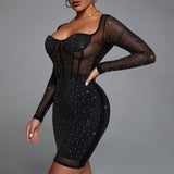 Diamond Corset Bodycon Midi Dress Black