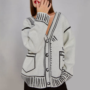 Doodle Graphic Knit Cardigan White