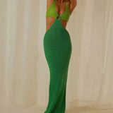 Knitted Deep V-Neck Lace Up Halter Maxi Dress Green