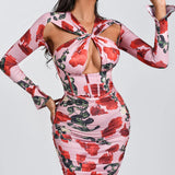 Floral Bodycon Long Sleeve Midi Dress Pink