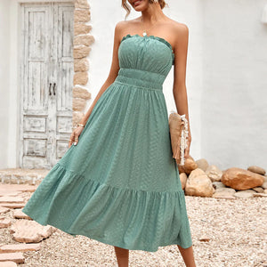 Frill Trim Strapless Midi Dress Green