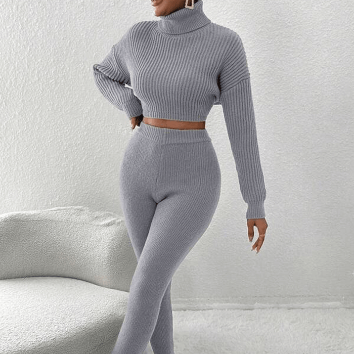 2-Piece Knitted Cropped Turtleneck and Pants Set