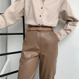 High Waist Straight Leg Faux Leather Pants Brown