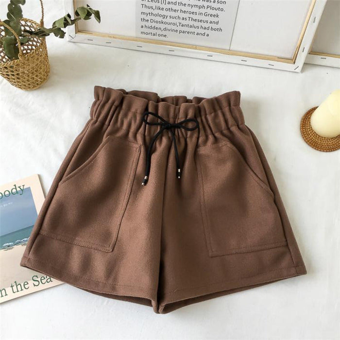 Elastic Thick Warm Woolen Shorts Brown