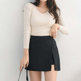 Asymmetrical High Waist Side-Slit Skort Black