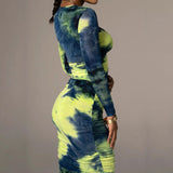 Long Sleeve Tie Dyed Bodycon Maxi Dress Green