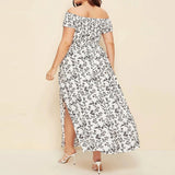 Plus Size Off Shoulder Floral Print Side Slit Maxi Dress White