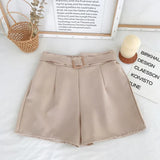 Elastic High Waist Belted Shorts Cream