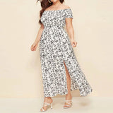 Plus Size Off Shoulder Floral Print Side Slit Maxi Dress White