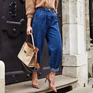 Pleated High Waist Jeans Blue