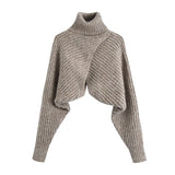 Crossover Knitted Turtleneck Crop Sweater Oatmeal