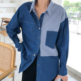 Patchwork Striped Denim Button Up Blouse Top Blue