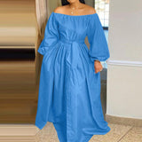 Plus Size Off Shoulder Lantern Sleeve Maxi Dress Blue