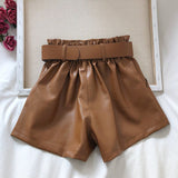 Faux Leather High Waist Belted Solid Shorts Brown