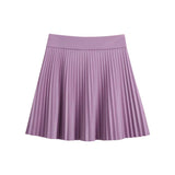 Faux Leather Mini Pleated Button Detail Skirt Purple