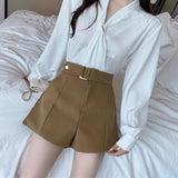 High Waist Belt Accent Shorts Brown