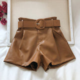 Faux Leather High Waist Belted Solid Shorts Brown