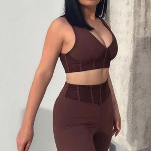 2-Piece V-Neck Crop Top and High Waist Leggings Matching Set Brown